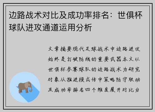 边路战术对比及成功率排名：世俱杯球队进攻通道运用分析